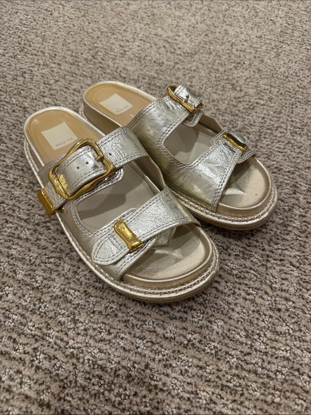 Dolce Vita Metallic Silver Buckle Slide Sandals